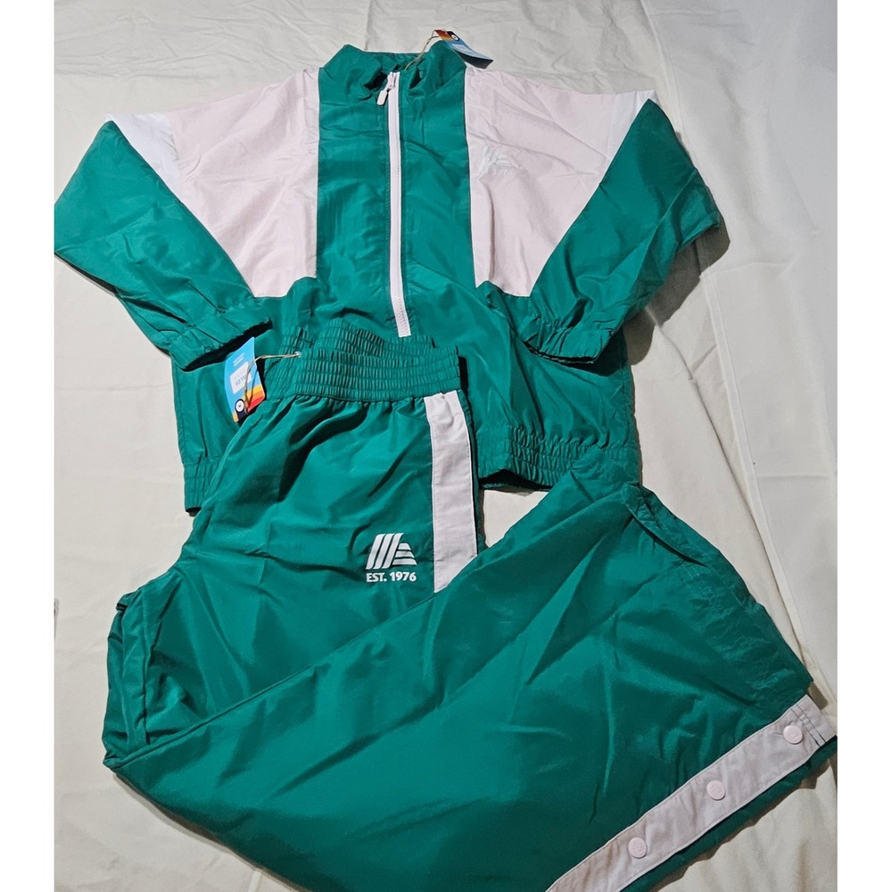 Aldi Tracksuit Set Womens Medium Green White Windbreaker Snap Pants Retro Gear